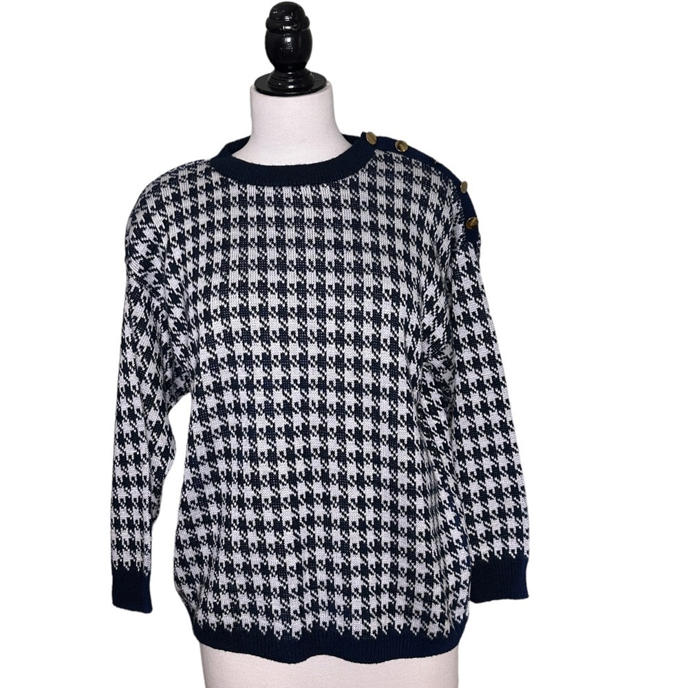 Vintage Garland Navy BLK White Houndstooth Crewneck Gold Button Accent Sweater L